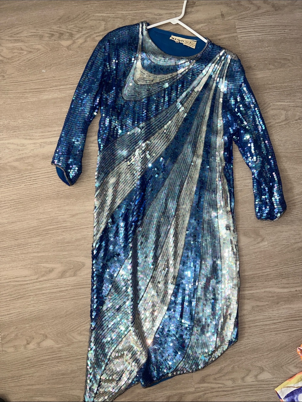 70s asymmetrical iridescent Silk Sequin Sheath Dress in Blue and Silver